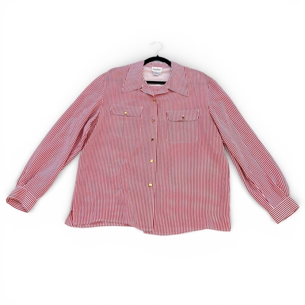 Neiman Marcus Vintage Silk Red and White Striped Button Down Shirt